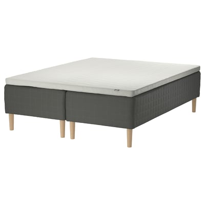 SKOTTERUD bed: gray, wooden base, rectangular, quilted design, with sprung mattress and light wood legs.