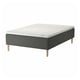 A SKOTTERUD bed with a white mattress on a dark grey base and wooden legs.