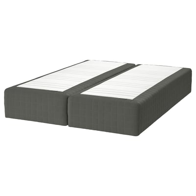 Two gray mattresses, SKOTTERUD, on wooden bases, square pattern, pocket springs.
