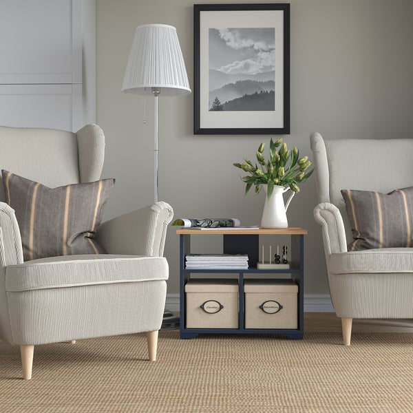 Modern living room with gray striped armchairs, blue-grey coffee table, vase, books, and black-and-white mountain photo.