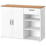 White SKRUVBY sideboard with oak top, closed cabinets, open shelves, traditional grooves, handles, adjustable feet.