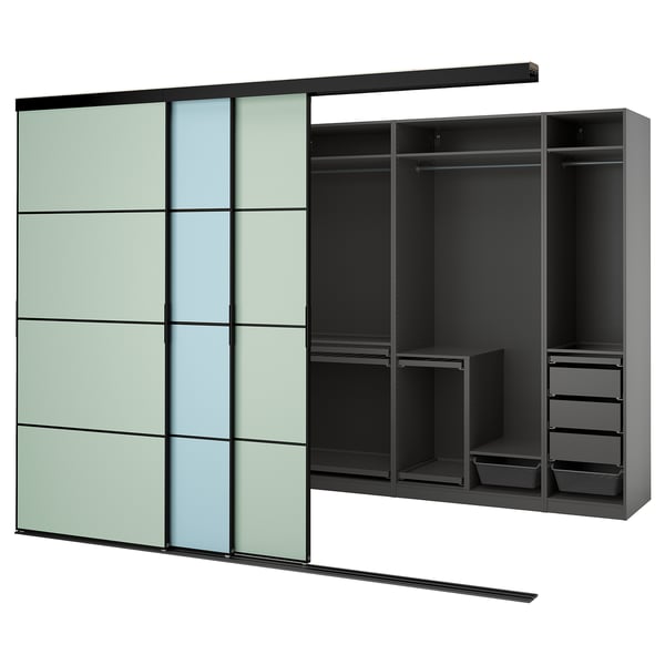 Modern wardrobe with green-tinted glass doors, sliding mechanism, metal shelving, and storage solutions in black and grey.