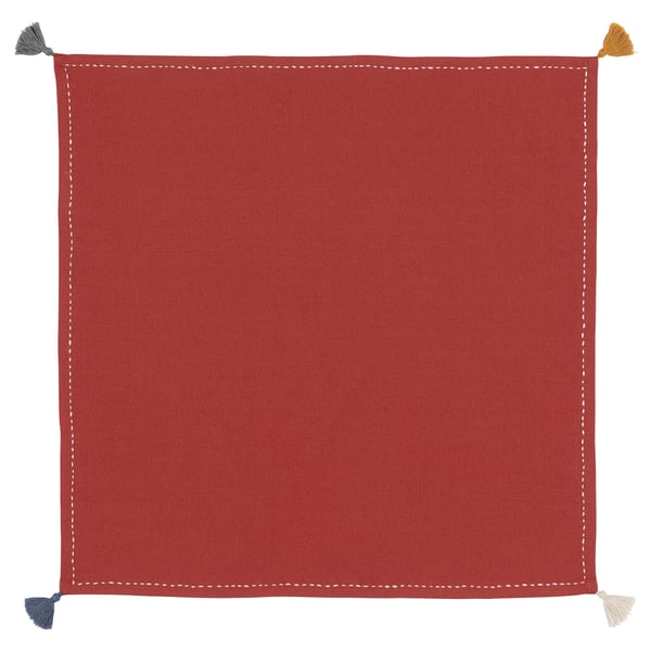 Red hand-embroidered napkin with tassels, square shape, cotton material.