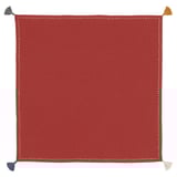 Red hand-embroidered napkin with tassels, square shape, cotton material.