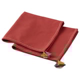 This image shows a red SLÄTTIKA napkin with hand-embroidered tassels, made from cotton by rangsutra.