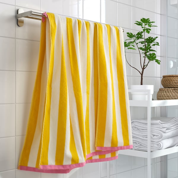 SLÅNHÖSTMAL Bath sheet, white/yellow striped, 100x150 cm