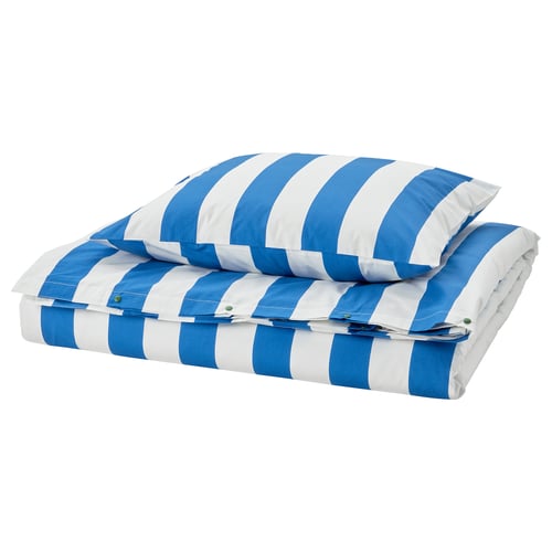 Blue and white striped duvet set, rectangular, made of cotton and viscose, neatly folded.
