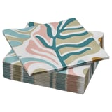 Stack of SLÖJSTJÄRT paper napkins, featuring abstract teal, pink, and beige designs, folded neatly.