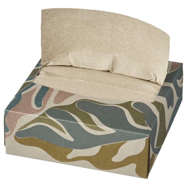 Box of beige paper napkins with abstract green, brown, and red design, folded, cardboard lid.