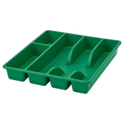 A green SMÄCKER cutlery tray in plastic, featuring six compartments for organizing kitchen utensils.