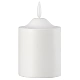 A white cylindrical SMÅLOM led candle with a rounded top and a small finial. Made of polypropylene plastic, its designed to mimic real candles safely.