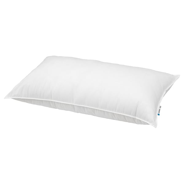 White SMÅSPORRE pillow: soft, firm, cotton & recycled polyester, for side/back sleepers.