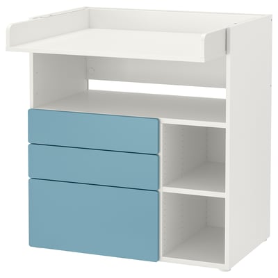 Ikea: white & blue changing table unit with drawers & shelves.