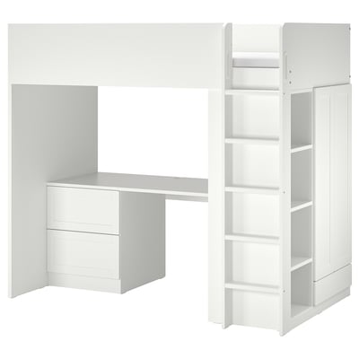 White kids loft bed with desk, wardrobe, and shelves, maximizing space.