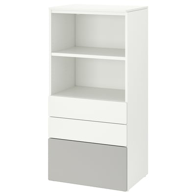 SMÅSTAD white bookcase: slim, three shelves, two drawers, adjustable feet.