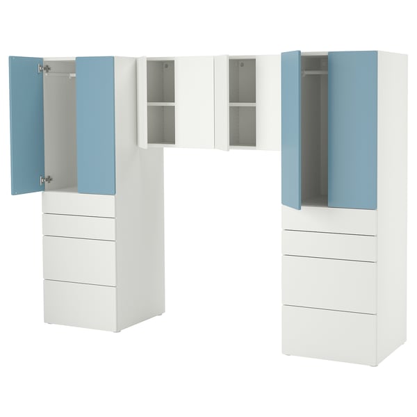This image the ikea SMÅSTAD wardrobe in white and blue. It includes open and closed storage with soft-close hinges.