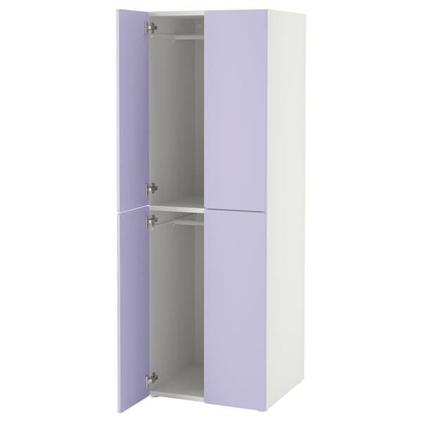 A tall wardrobe with light purple doors and a white body, featuring two open sections with shelves inside, equipped with soft-closing hinges.