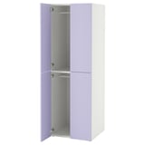 A tall wardrobe with light purple doors and a white body, featuring two open sections with shelves inside, equipped with soft-closing hinges.