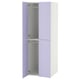 A tall wardrobe with light purple doors and a white body, featuring two open sections with shelves inside, equipped with soft-closing hinges.