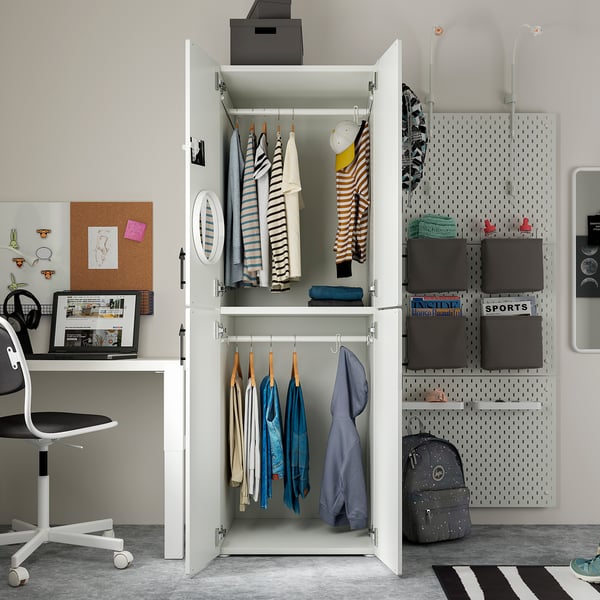 SMÅSTAD wardrobe: kids clothes, colors, hooks, bins, pegboard.