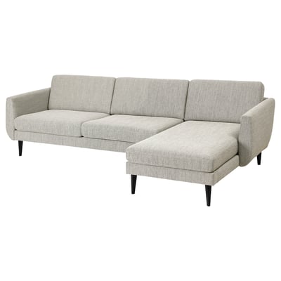 SMEDSTORP sofa: modern retro design, light grey, soft cushions, cone legs.