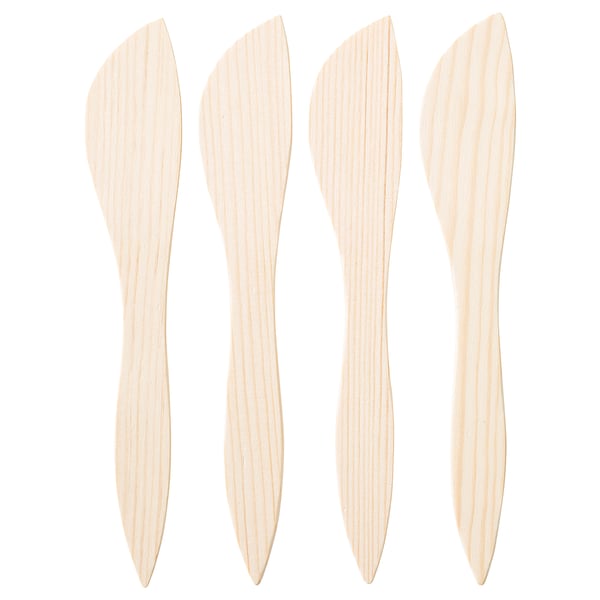Four natural, light-colored wooden knives; simple, rectangular shapes with smooth edges.