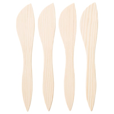 Four natural, light-colored wooden knives; simple, rectangular shapes with smooth edges.
