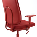 Red office chair detail; high back, adjustable armrest, modern design.