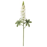 White artificial flower spike with green leaves, made from recycled plastic, lifelike and adjustable.