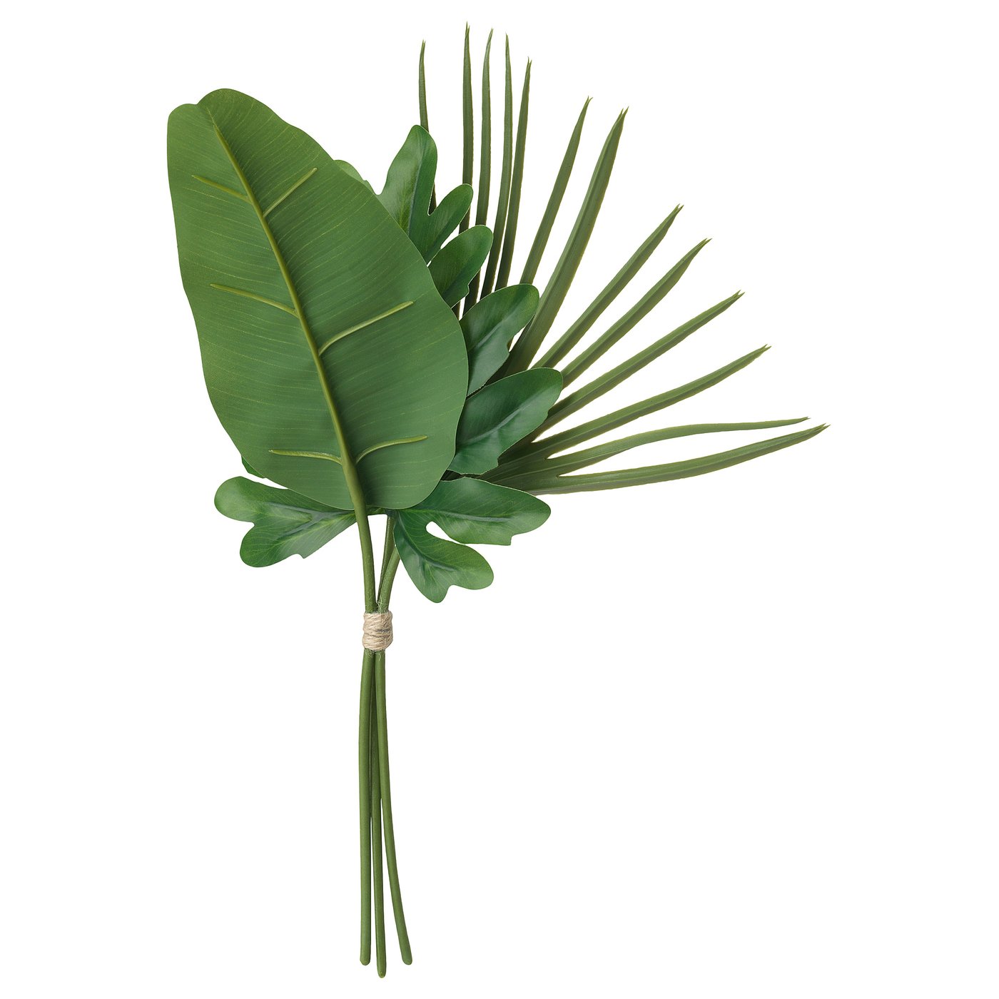 Green artificial bouquet with large leaves made from recycled plastic.