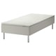 A white gnuum bed with a metal frame. It a rectangular, upholstered headrest and straight legs.