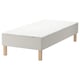A white SNARUM bed with wooden legs and a bonnell spring mattress. The design is simple and modern.