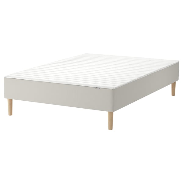 Snärum bed frame, white with wooden legs, cotton-polyester upholstery.