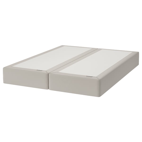 Depicts a gray rectangular SNARUM sprung mattress with white fabric covering, supported by a wooden base.