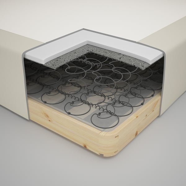 Cross-section of a mattress showcasing layers: top fabric, foam, comfort material, coil springs, felt, wooden frame base.