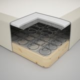 Cross-section of a mattress showcasing layers: top fabric, foam, comfort material, coil springs, felt, wooden frame base.