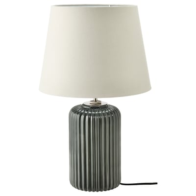 SNÖBYAR lamp: grey ceramic base, white fabric shade. Modern, cylindrical shape.
