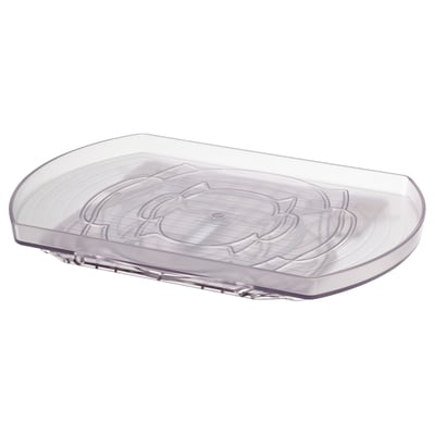 SNURRAD transparent fridge tray, clear plastic, oval shape with raised edges, 360° rotatable.