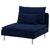 Blue modern upholstered chair with metal legs, deep seat, two cushions.