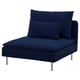 Blue modern upholstered chair with metal legs, deep seat, two cushions.