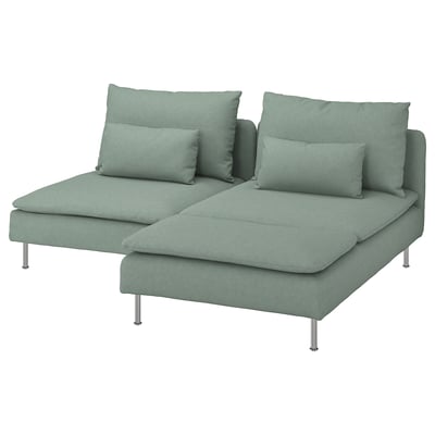 Modern green sectional sofa with sleek metallic legs, designed for comfort and style.