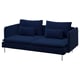 Deep blue SÖDERHAMN sofa: low, plush, metal legs, comfortable.