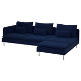 Dark blue l-shaped sofa with plush cushions and chrome legs.