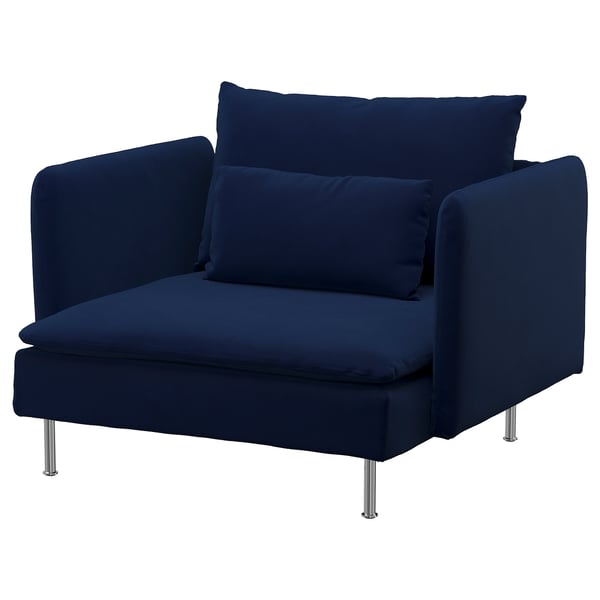 Deep blue SÖDERHAMN armchair, modern design with chrome legs, comfy cushions.