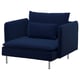 Deep blue SÖDERHAMN armchair, modern design with chrome legs, comfy cushions.