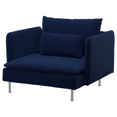 Deep blue SÖDERHAMN armchair, modern design with chrome legs, comfy cushions.