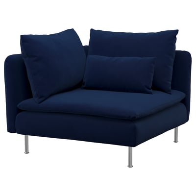 SÖDERHAMN dark blue sofa chair, modern, plush, deep seats, chrome legs.