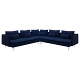 This image a deep blue, modern, l-shaped sectional sofa with multiple pillows and sleek metal legs.