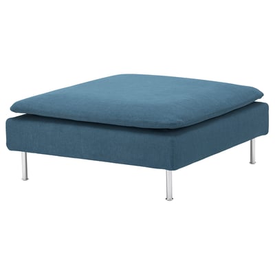 Blue SÖDERHAMN footstool with square sides, metal legs, removable cover.