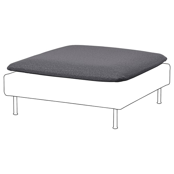 Modern square ottoman with dark grey upholstery, white base, & sleek metal legs.
